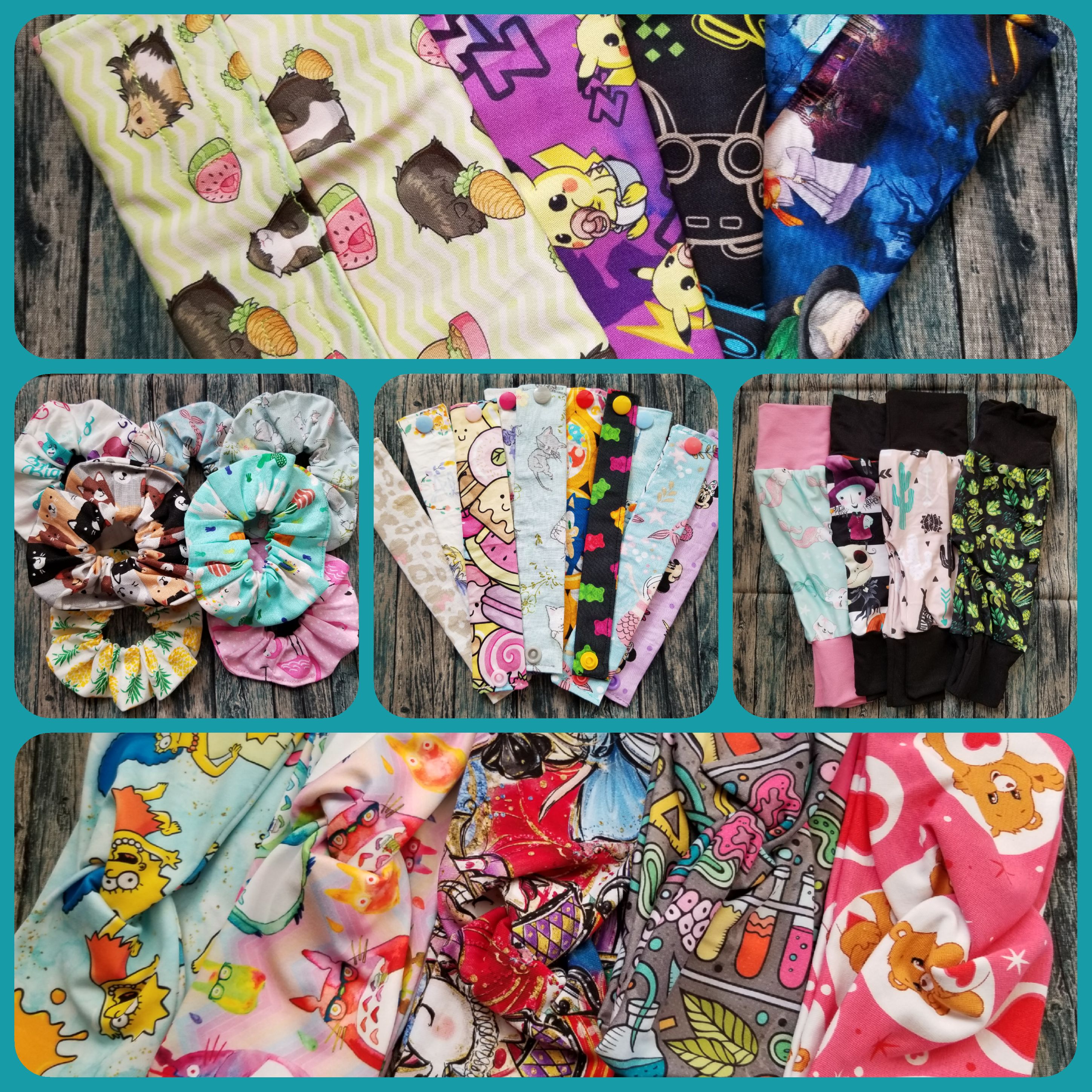 Plusieurs élastiques, pantalons, bandeaux, pochettes et bracelets.